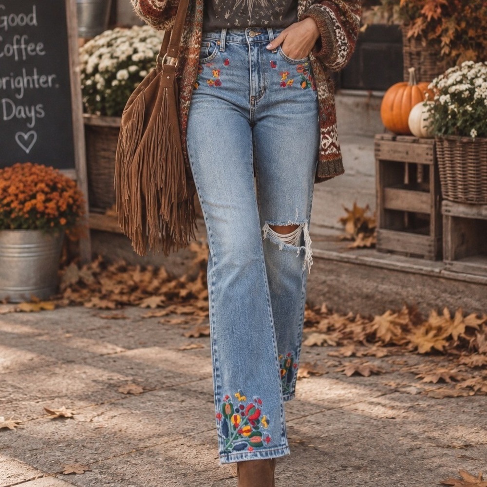 Lucky Brand Embroidered Floral Distressed Skinny Jeans Blue 4/27 Boho Cropped
